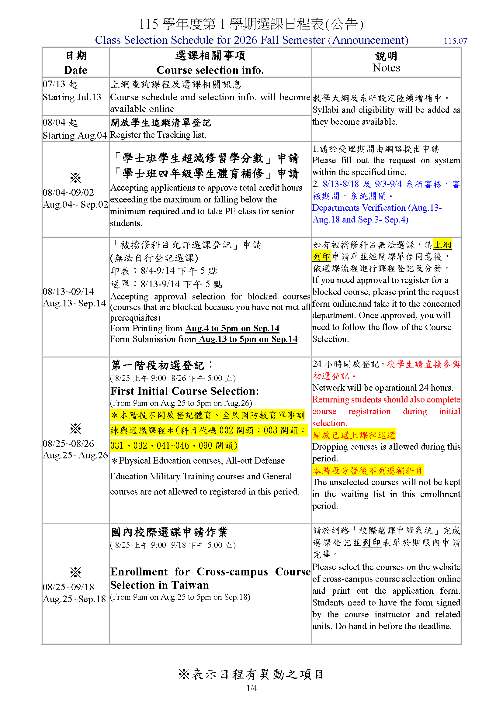115學年度第一學期選課日程表